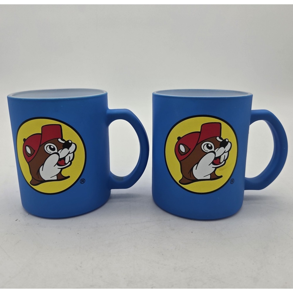 Buc-ee's Beaver Logo Blue Soft Touch Covered Glass Coffee Cup Mug 12oz Lot Of 2